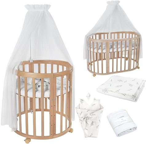 Waldin Oval Baby-Bett Mitwachsend Komplett Set 7in1, Gitterbett, Kinderbett mit Matratze, Wickelkommode, Beistellbett, Holz Natur, Stoffe Weiß Zweige