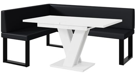 MEBLINI Eckbank für Esszimmer mit ausziehbarem Tisch - Küchenbank - Essecke - Sitzecke Küche - Toni - U-Beine 128x168x87cm Links - Schwarz Kunstleder/M Weiß Matt
