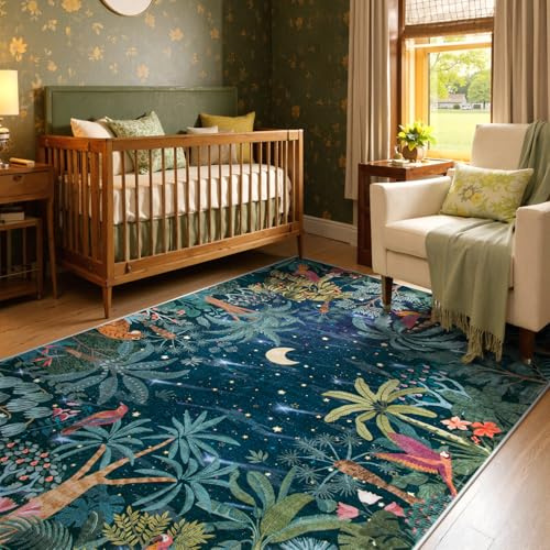 Lahome Midnight Jungle Teppich, waschbar, 12,7 x 17,8 cm, für Wohnzimmer, Schlafzimmer, ästhetisch, weich, groß, grün, Dschungelteppich, schmutzabweisend, für unter dem Tisch, rutschfester