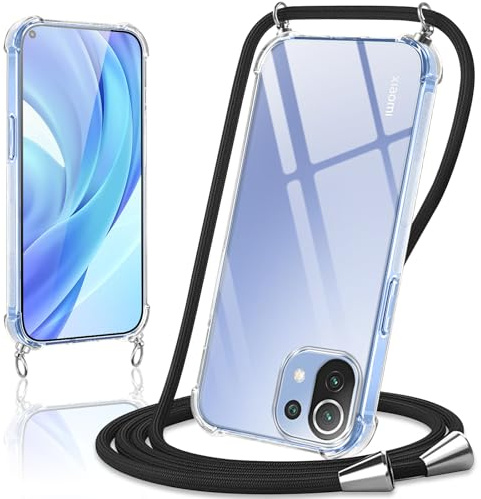 Coiwxmoi Handyband Handyhülle für Xiaomi Mi 11 Lite 5G NE/11 Lite 4G/5G Hülle mit Band 6,55,Transparent Case mit Kette Abnehmbar zum Umhängen Kordel Schutzhülle,Weich Silikon Stoßfest Cover,Schwarz