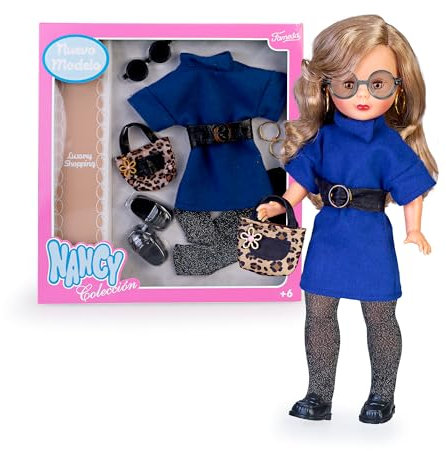 Nancy Colección Conjunto Luxury Shopping, Nuevo Modelo de Prendas para Muñecas, Elegantes y con Estilo, Se Compone por un Vestido Azul Eléctrico y Leotardos Negros, 4 Accesorios, Famosa (NAL17000)