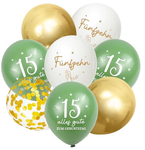 Luftballons 15 Jahre Geburtstag, 30 Stück Deko 15. Geburtstage Junge Mädchen, 15 Alles Gute zum Geburtstag Ballons, Salbeigrüne Gold 15. Geburtstagsdeko, 15th Birthday Konfetti Ballon Party