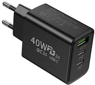 teasteam Cargador de Pared USB de 40 W con 3 Puertos PD+QC3.0 Tipo C, Adaptador Universal para iPhone 16, 15, 14, 13, 12, 11 Pro MAX, X, XS, XR, Windows, portátiles, iPad y lectores electrónicos