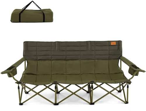 COSTWAY Campingstuhl für 3 Personen, Klappstuhl mit verstellbaren Armlehnen, Getränkehaltern & Tragetasche, 408 kg Tragfähigkeit, Campingsofa klappbar, Faltsofa Angelstuhl für Camping, Picknick (Grün)