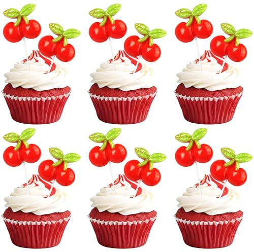 SYKYCTCY 30 Pack Cherry Cupcake Toppers Glitter Red Cherry Cupcake Picks for Fruit Cherry Theme Happy Birthday Party Cake Decorations Supplies