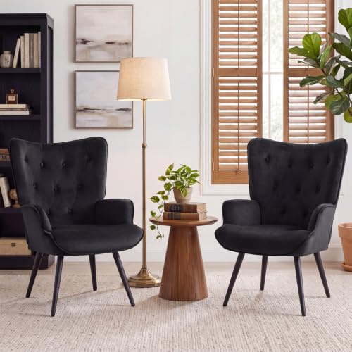 Ckaff Lot de 2 Fauteuil Salon Relax, Fauteuil Scandinave Moelleux en Velours Chaise Bouclette avec Accoudoirs & Dossier Ergonomique pour Salle à Manger, Salon, Chambre, Siege Bureau, Noir