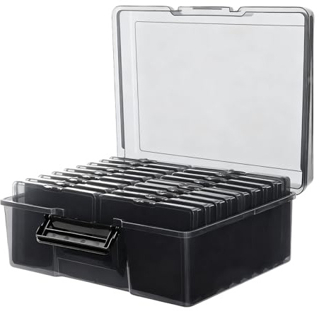 HEIYUET Fotobox Aufbewahrungsbox Schwarz, Foto Aufbewahrungsbox mit 16 innere Fotohalter (17 x 12 cm), Fotoaufbewarungsbox Foto Organizer Box für Fotoetui, Karten, Aufkleber, 37,5x30x13cm