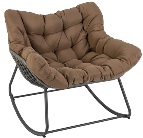 COSTWAY Outdoor Rocking Chair, Oversized Patio Wicker Egg Chair with Thick and Removable Cushion, Rattan Comfy Rocking Lounge Chairs for Living Room, Balcony, Yard & Porch (Brown, 100 x 98 x 89 cm)