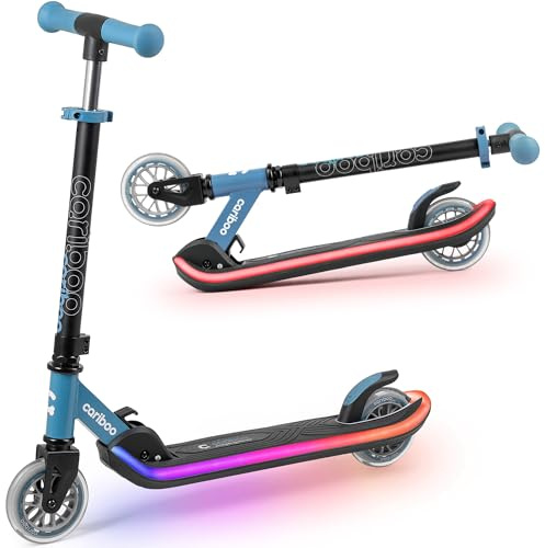 Cariboo Roller Kinder Scooter - ab 3 Jahren - Leuchtdeck - Klappbar - Höhenverstellbar - bis 50 kg - Kinderroller - LEDstar Schwarz Türkis