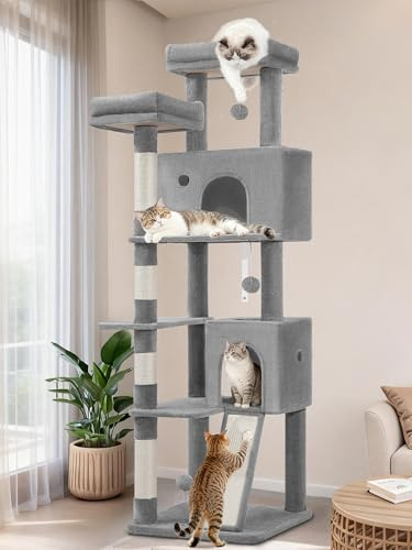 Fobyfurny Cat Tree for Indoor Cats, 178 cm Cat Tower, Light Grey | 2 Comfy Condos, Scratching Posts, Scratch Board, 2 Perches, Pompoms, Rest Place, Multi-Level Climbing Frame