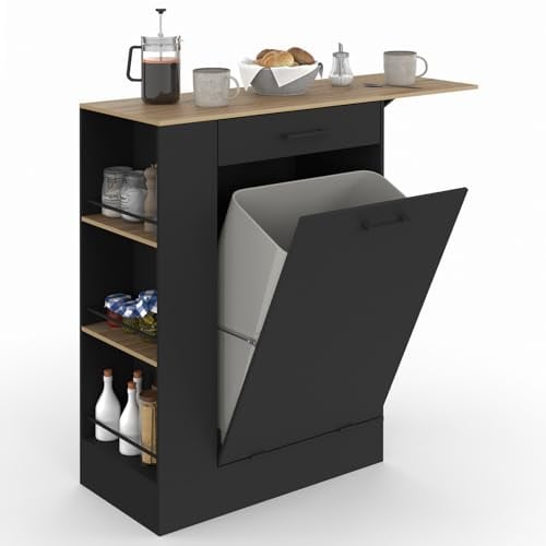 IDMarket TIBO - Aparador de cocina compacto 90 cm con espacio de basura, estante abatible, 1 cajón y 3 estantes laterales madera y negro