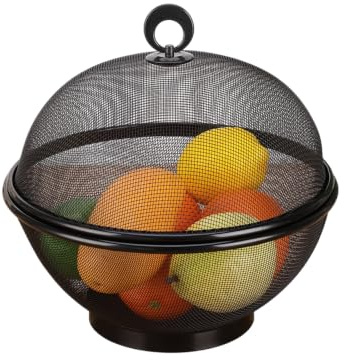 ZWWAAZHF Covered Fruit Bowl with Metal Mesh Design Raised Base and Lid 28Cm / 11.02in Produce Storage for Kitchen Tables Footed Bowl (Black)