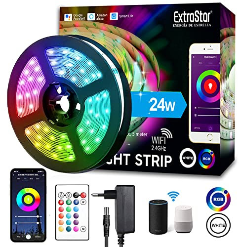 Striscia LED IP65, da esterno interno, Smart 5m WiFi RGB Impermeabile SMD, Compatibile con Alexa e Google Assistant, App Controllato Musica, Multicolore per casa, Bar, Festa,12V 1.6A, Strisce LED