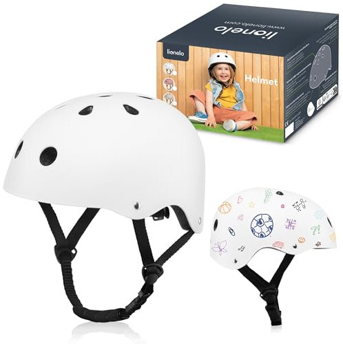 LIONELO Casque Protecteur de Vélo pour Enfants, Réglable 50 à 56 cm, Protège-Menton, Casque Certifié Intertek pour Filles et Garçons, Taille S (White)