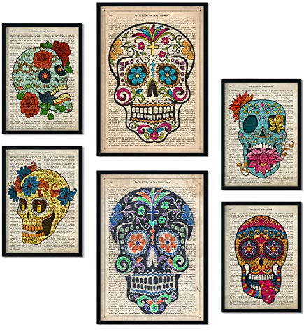 Nacnic-Set von 6 Vintage-Skulls Poster. Sammlung von Platten mit ästhetischer Collage für Innendekoration. Größen A3 und A4. Rahmenlos