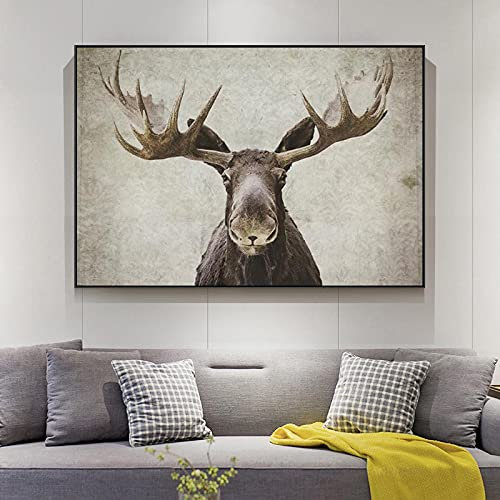 Creative Art Moderner Leinwanddruck Tier Elch Hirsch Wandbild Retro Giclée-Druck auf Leinwand Wohnzimmer Dekoration Kunst 50x75cm Rahmenlos