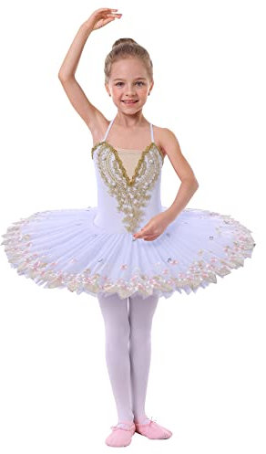 Odizli Ballet Leotard for Girls Kids Spaghetti Strap Flower Rhinestone Feather Embroidery Tutu Skirts Gymnastics Leotards Ballerina Dance Costume Swan Lake Performance Ballet Dress A#White 9-10 Years