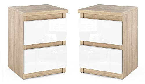MRBLS Nachttisch 2er Set Nachtschrank Nachtkommode Modern Möbel mit Schubladen Kommode Holz Schubladenschrank für Ihr Schlafzimmer (Sonoma - Weiß Glanz) – 30 x 40 x 30 cm (B/H/T)