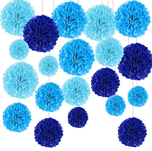 20Pcs Decorations Tissue Pom Poms Kit, Blue Tissue Paper Flowers Balls Ceiling Hanging Decorations for Birthday, Baby Shower, Graduation, Wedding, Engagement Party Decorations