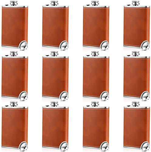 12 Sets Leder Flachmann Whiskey Flasche 8 oz Edelstahl Flasche mit Trichter und Weingläsern für Männer Frauen Cocktail, Likör, Vatertagsgeschenke, Camping, Hochzeitsfeier (Braun)