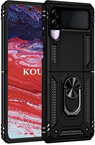 KOUYI Funda para Samsung Galaxy Z Flip 3 5G, Armor Carcasa con 360 Anillo iman Soporte Hard PC y Silicona TPU Bumper antigolpes Fundas Carcasas Case para Samsung Galaxy Z Flip 3 5G (Negro)