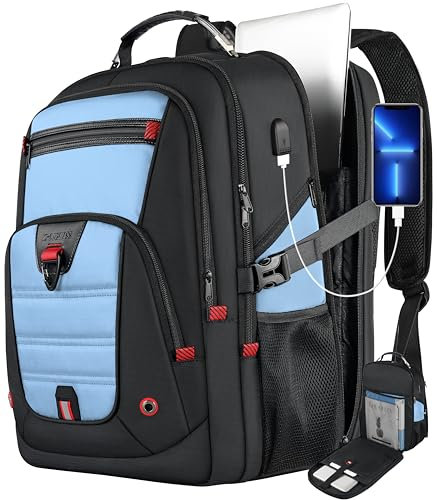 Z-MGKISS Big Backpack for Travel, Extra Large Laptop Backpack, Anti-Theft Computer 50L Women Men, Waterproof Heavy Duty 17.3 Inch with USB Port, College Business Work Daypack, Lake Blue