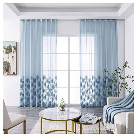 Aotiwe Gardinen Halbtransparent Vintage, Schiebegardinen Blau Palmblätter Polyester 2 Stücke 107X214cm