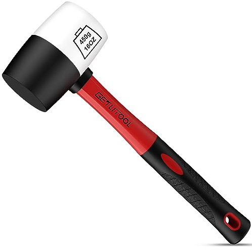 GETLITOOL Martello in Gomma con Manico in Fibra di Vetro Maglio di Gomma con Testa Diametro 55mm 450g/16oz per Costruzione Installazione - Bianco e Nero