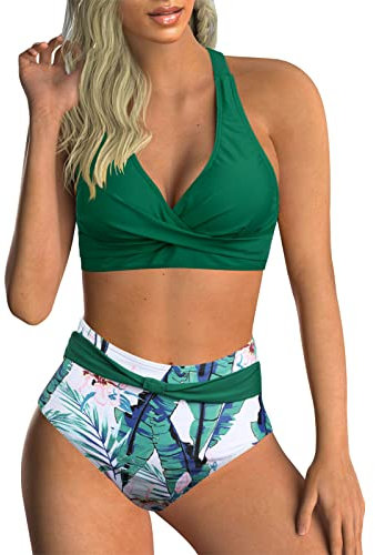 Adigaber Damen Zweiteiliger Badeanzug V Ausschnitt überkreuztes Blumenmuster Bikini Bademode Bauchkontrolle Bikini Sets XL Grüne Blätter