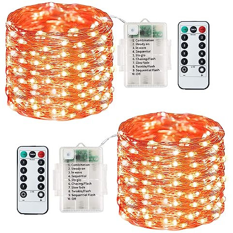 Lezonic Battery Fairy Lights, 2 Pack 120LED String Lights Battery Operated, 8 Modes Copper Wire Fairy Lights Waterproof for Indoor/Outdoor Bedroom Party Wedding Christmas Decoration (Orange)
