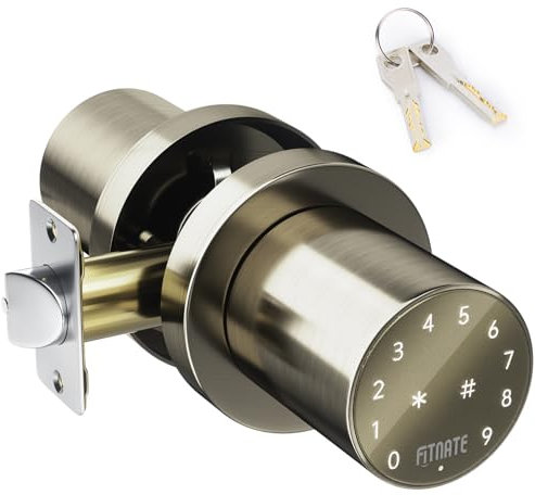 FITNATE Perilla de Puerta Inteligente, Pomo de Puerta Digital, Perilla Electrónica con Llaves de Repuesto, Perilla de Puerta con Código, 15 Código de Usuario para Dormitorio, Hogar y Oficina, Dorado
