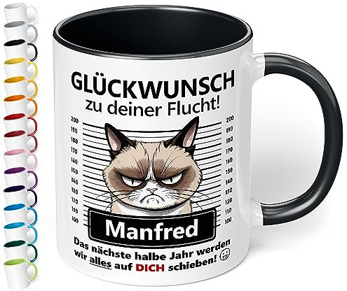 True Statements Abschiedsgeschenk für Kollegen: Keramik-Tasse personalisiert „Glückwunsch zu deiner Flucht!“ - 330ml - Katzen-Motiv - lustiger Kaffeebecher | Abschied neuer Job Wechsel (Schwarz)