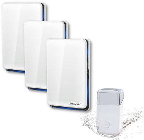 Bell4U Sonnette sans Fil Exterieur Etanche - 3 destinataires - Sonnette sans Fil Auto-alimentée 100 m, Sonnette électronique étanche IP65, Carillon Lumineux LED, 52 mélodies, 4 Niveaux de Volume