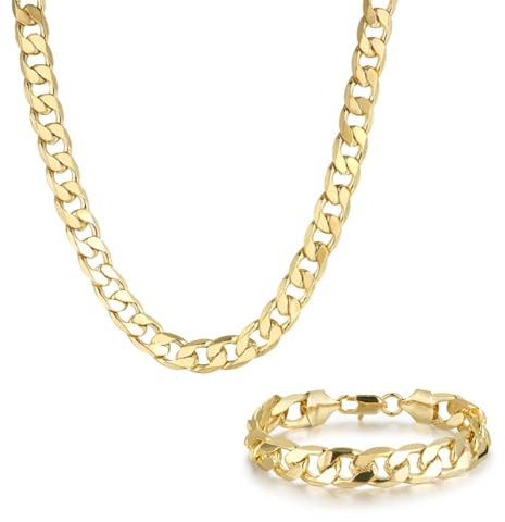 THE BLING KING Gold 9mm Cuban Curb Chain and Bracelet Set - Luxury Finish and Detailing (Necklace Length: 16 inches, Bracelet Length: 8 inches)