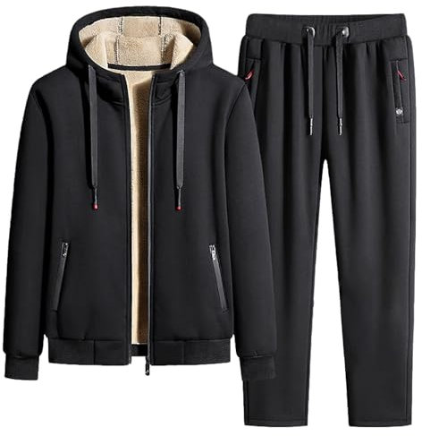 Jamron Uomo Inverno Tuta da Ginnastica in Cotone Foderata in Pile Giacca con Cappuccio e Pantaloni Sportivi con Tasche con Zip Fondo Aperto Nero S