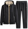 Jamron Uomo Inverno Tuta da Ginnastica in Cotone Foderata in Pile Giacca con Cappuccio e Pantaloni Sportivi con Tasche con Zip Fondo Aperto Nero S