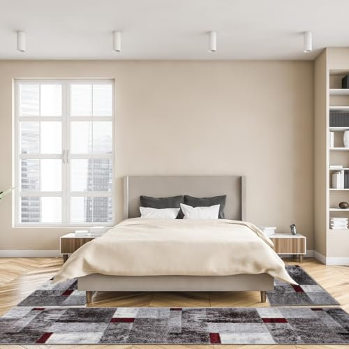 oKu-Tex Bettumrandung Set 3-TLG. | Teppich Schlafzimmer | Florhöhe: 9 mm | besonders weicher Flor | geometrisches Muster | modern | meliert grau rot | dichte Qualität | 1 x Läufer, 2 x Brücke