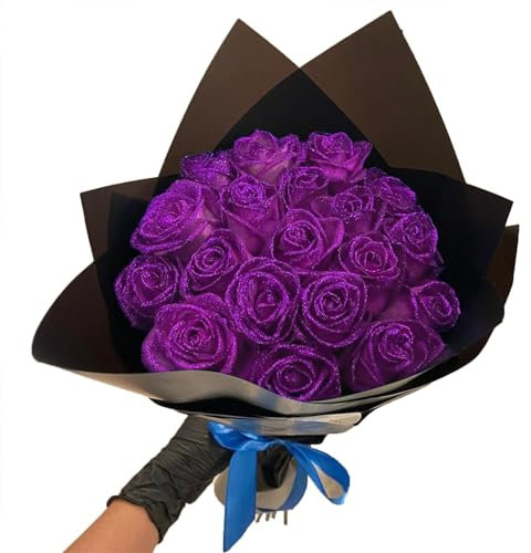 Y-M-H Glitter Rose Bouquet, Artificial Rose Flowers Bouquet, DIY Glitter Everlasting Rose Bouquet for Valentine's Day Gift, Anniversary, Engagement (Purple,24)