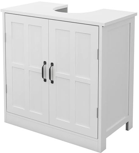 kleankin Mueble para Debajo del Lavabo Mueble de Baño Bajo Lavabo Armario Bajo del Lavabo con Estante Ajustable y Puerta Doble Carga 20 kg 60x30x60 cm Blanco