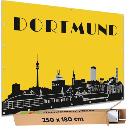 TRIOSK Sichtschutz Garten Deko Zaun Plane Blickdicht groß mit Zaunblende Motiv Stadt Dortmund Skyline für Zaunelement Doppelstabmatten Stabmattenzaun Gartenzaun PVC 250x180 cm