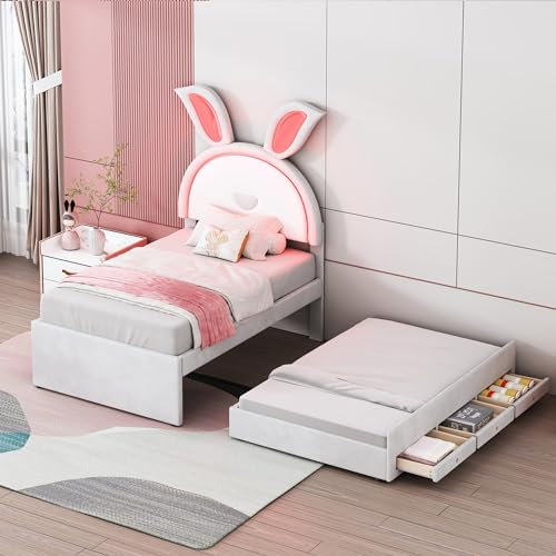 NQSLDM Polsterbett Kinderbett 90 x 200 cm mit Ausziehbett und Schublade, Einzelbett Mädchenbett mit Kopfteil und LED, Gepolstert Bettgestell, für Kinderzimmer, Samt-Stoff, Ohne Matratze, Beige