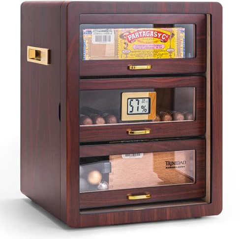 Humidorschrank für Zigarren, Humidor mit 3 Schichten, für 100 bis 150 Zigarren, mit Thermometer und Luftbefeuchter, Schrank aus spanischem Zedernholz, Geschenke für Männer, Ehemänner, Väter,B
