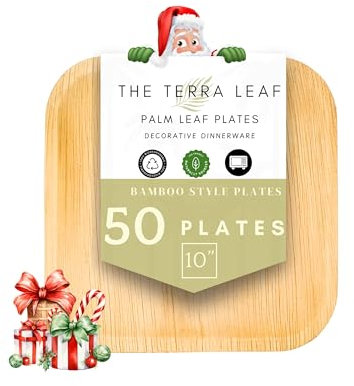 The Terra Leaf 50pcs Disposable Palm Leaf Plates, 10(25cm) Large Square, Eco Friendly Biodegradable Compostable Like Wooden, Bamboo, Paper Plates for Hot Food, Picnic Wedding Parties