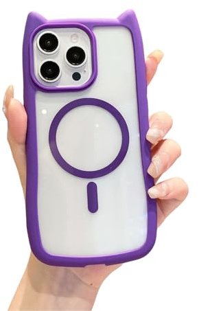 Emlivi Case for iPhone 11, Transparent Magnetic Mobile Phone Case, Cute 3D Cartoon Cat Ears Protective Case, Silicone TPU Bumper Cover, Magnet, Crystal Clear Case, Kitty Case for iPhone 11, Purple