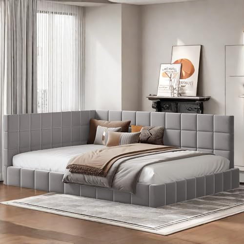 Sapgaks Bettsofa, 2-Sitzer, 140 x 200 cm, Bettrahmen 140 x 200 cm, mit Lattenrost, für 2 Personen, multifunktional, mit Samtstoff, Grau (ohne Matratze)