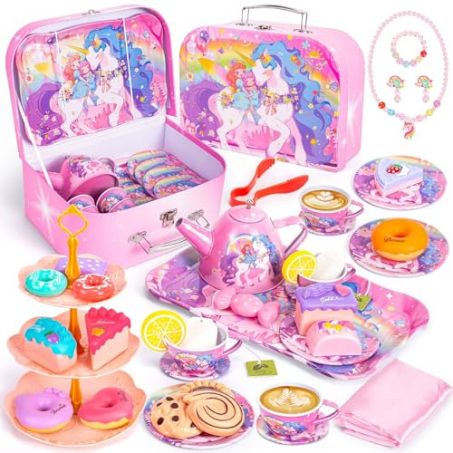 Juego de fiesta de té de unicornio para niñas pequeñas, juego de té de juguete de princesa para niños, juego de taza de té de postre, juego de simulación, regalos de unicornio para mayores de 3 años
