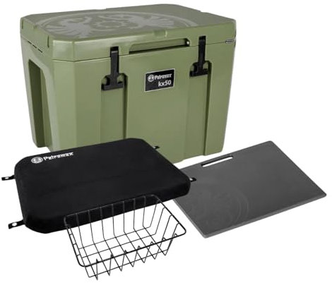 Petromax Kühlbox Set, 50 Liter, Passive Kühlung, Eiskühldauer bis zu 12 Tage, Set inkl. Sitzkissen, Einsatzkorb und Einsatztrennbrett, unabhängig von Strom und Akku, für Eiswürfel und Kühlakkus
