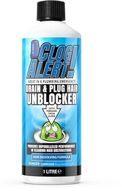 Clog Alert! - Bathroom Drain and Plug Hair Unblocker, Effectively Removes Blockages, Liquid Cleaner for Blocked Drain Pipes in Sinks or Shower Traps - 1 Litre