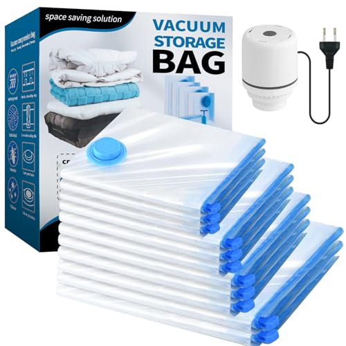 Sac Sous Vide Vetement Aspirateur avec Pompe Électrique, lot de 11 (2 Jumbo, 3L, 3M, 3S), Sac de Rangement Sous Vide Aspirateur Réutilisables pour Pulls, Chemises, Voyages