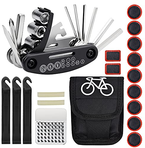 Wandefol Kit de reparación de bicicletas 16 en 1, herramienta multiusos para reparación de neumáticos de bicicleta, con bolsa para pegatinas autoadhesivas y bolsa de almacenamiento para Outd